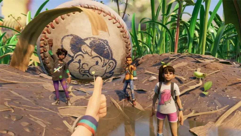 Four Grounded teens posing by a giant baseball in the backyard